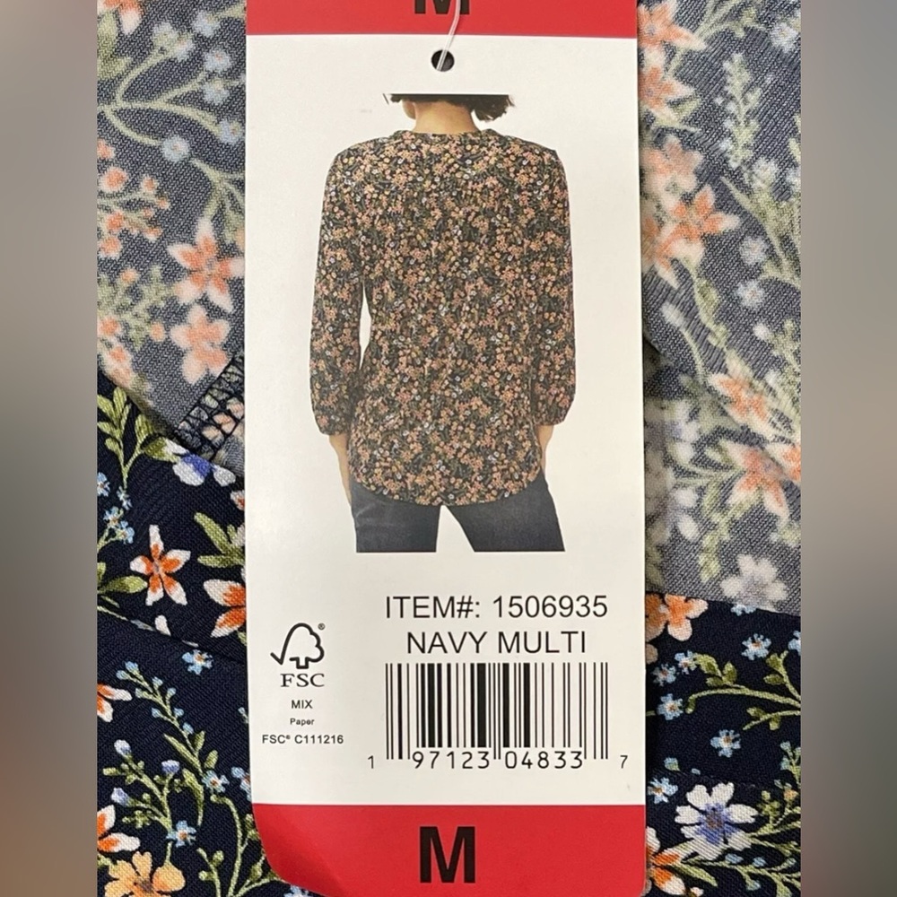 Vince Camuto Women’s Navy Blue Floral Print 3/4 Sleeve V-Neck Relaxed Blouse s M - Picture 6 of 11